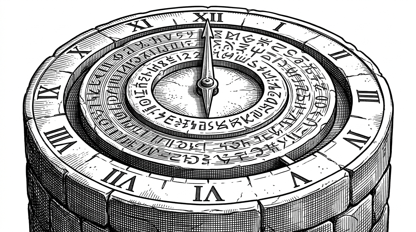 A sealed stone dial with hour and day rings turns over a white field. The engraved symbols on its face change as the dial rotates, showing how the same language framework can be re-keyed over time without changing its underlying structure.