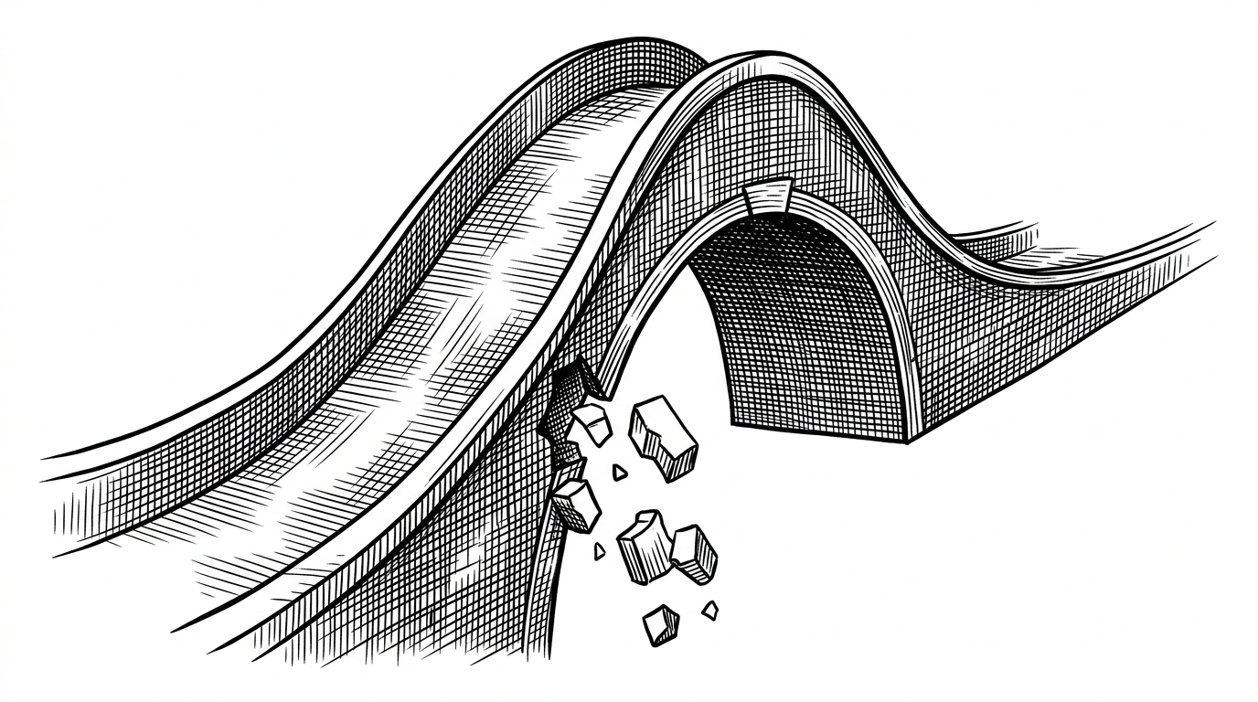 A close-up bridge of syllables rises and falls along a sonority curve, while impossible consonant clusters tumble off the edge like broken stones. The image explains how linguistic constraints keep generated forms pronounceable and internally coherent.