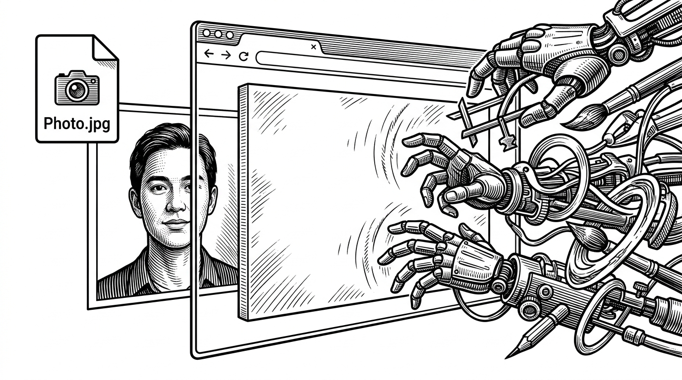 A browser window stands between a local photo and a swarm of AI editing tools reaching in from the right. It explains that ImageDefender changes the image before upload, turning the browser into the boundary where privacy defense begins.