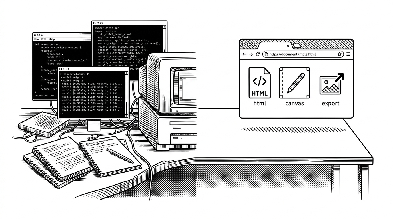 A split scene contrasts a cluttered lab full of heavyweight tools on the left with a single browser tab and one HTML file on the right. It explains the article's main comparison, which is frictionless browser-native defense versus research-grade tooling.