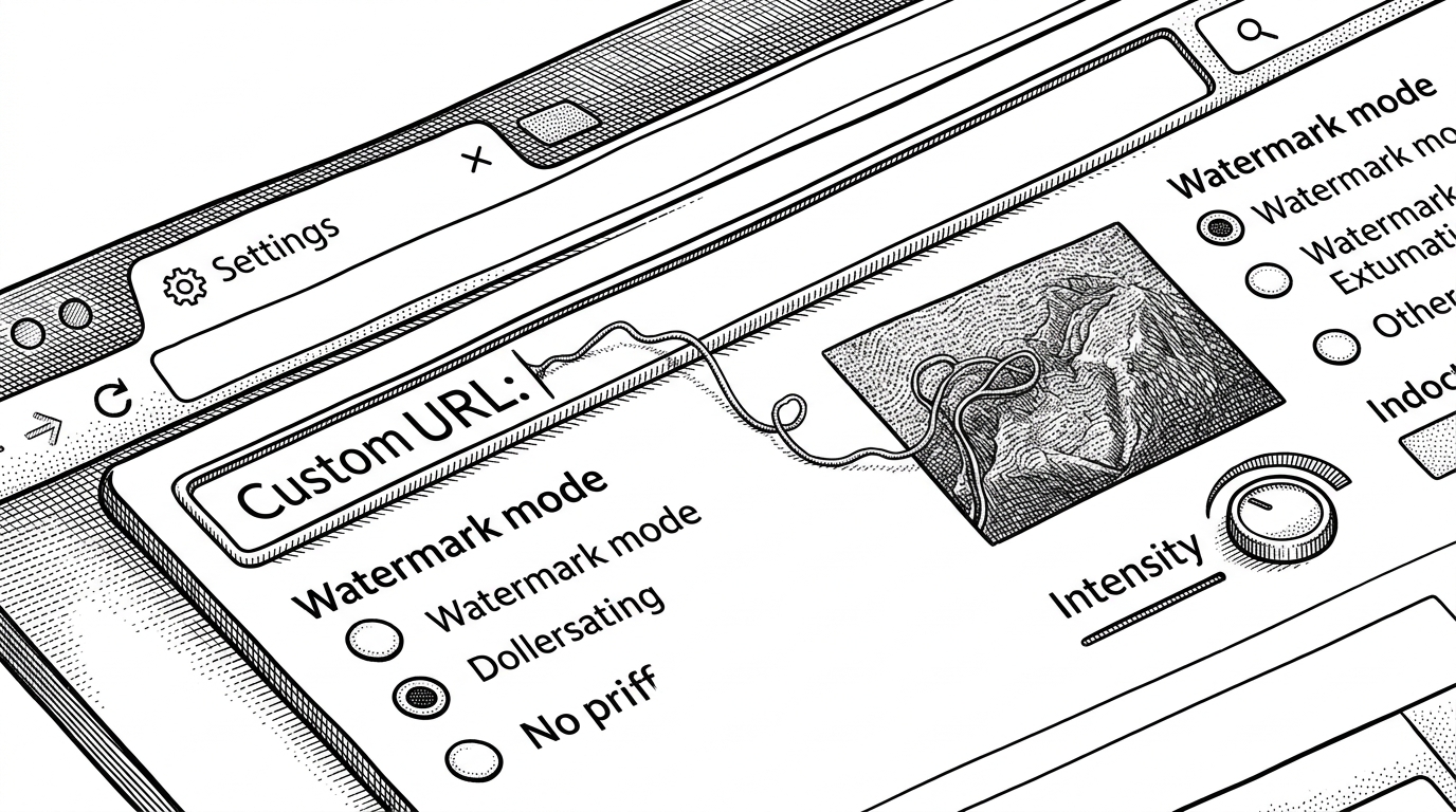 A close-up of a settings panel with watermark mode radios, a custom URL field, and a preview canvas. It shows that the tool is configurable, not just a fixed noise filter, and that the defense can be swapped from inside the page.