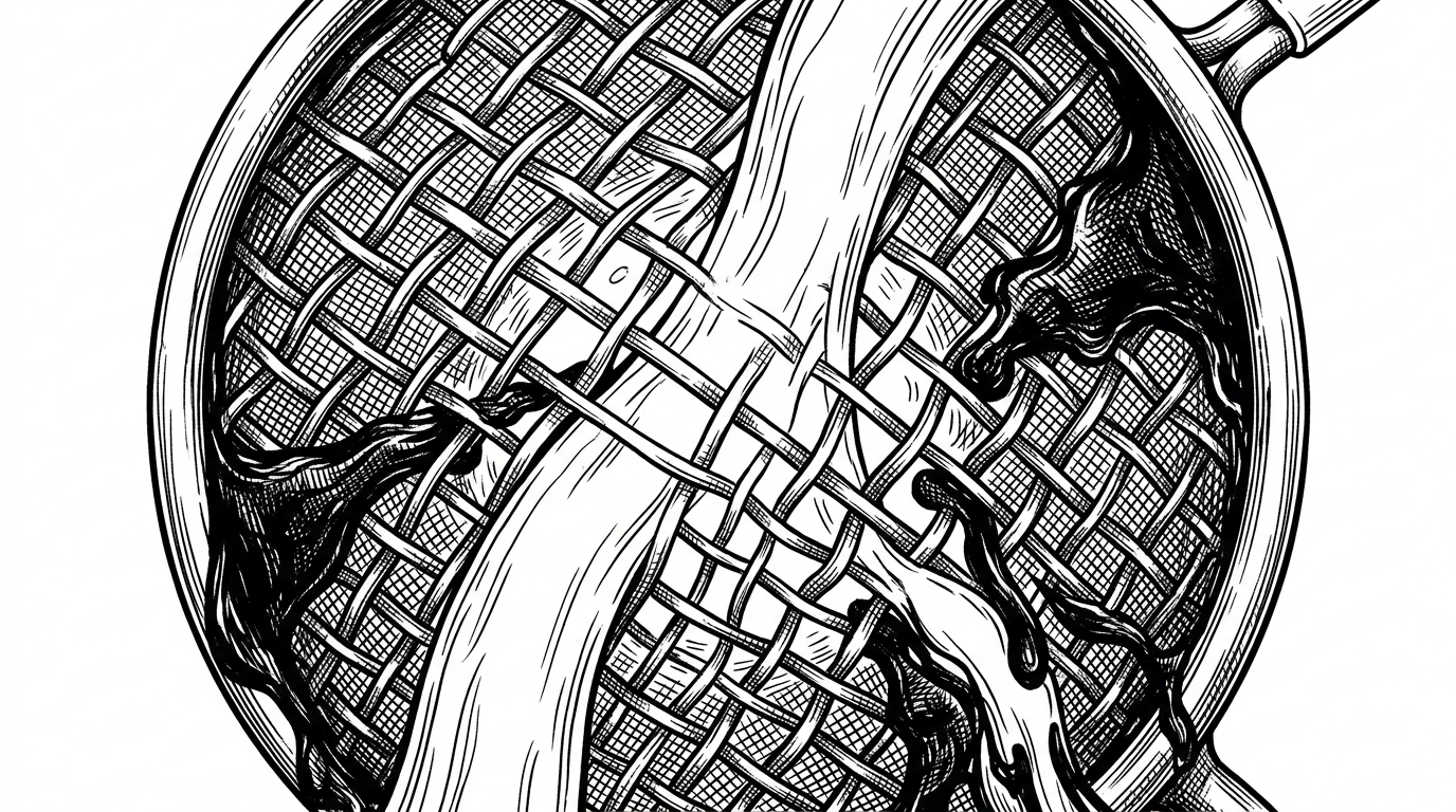 A close-up of a rigid, industrial filtration mesh. Clean water flows perfectly through the center holes. Around the outer edges of the mesh, thick, viscous ink is sliding through tiny cracks, bypassing the filtration system entirely and reforming on the other side. This illustrates how heavily encoded text bypasses static input filters.