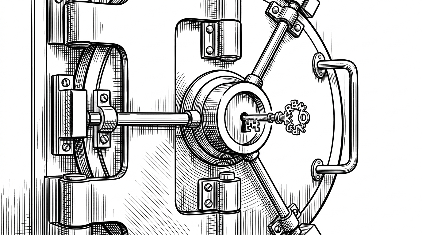 A massive, ornate bank vault door being opened by a tiny, misshapen key made of scrambled letters. This illustrates how complex AI safety infrastructure can be defeated by small, precisely crafted linguistic anomalies.