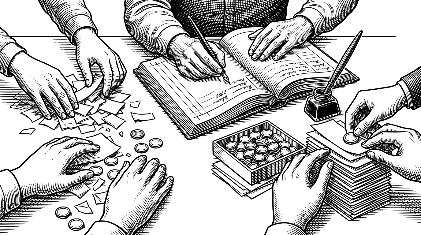 A close-up scene of hands passing torn paper scraps over a ledger while a neat stack of identical pages grows beside a small token tray. The image explains how LeakHub turns verification into a community loop, where contribution, repetition, and recognition reinforce each other.