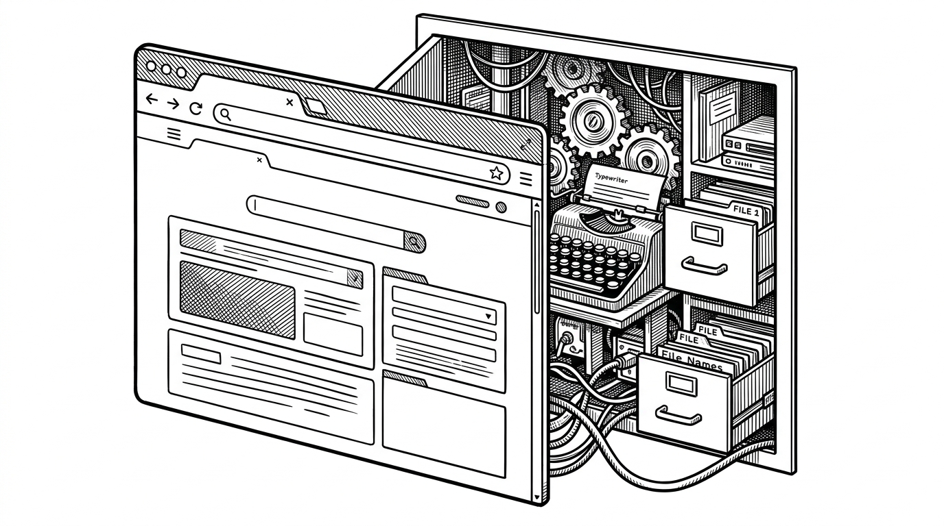 A browser window opens at once while gears, login keys, and database drawers click together behind it in the background. The image explains LeakHub's choice to render the interface immediately and let authentication and data sync resolve behind the scenes.