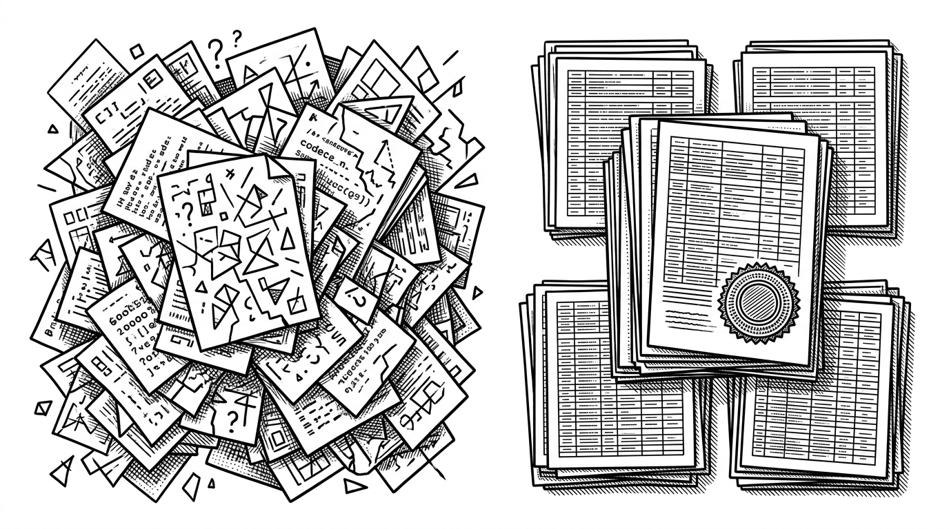 A split scene shows a noisy pile of alerts and scattered markers on one side and a clean registry of clustered cards with a single verified seal on the other. The image clarifies the category difference between tools that flag possible leaks and LeakHub, which adjudicates them into a shared record.