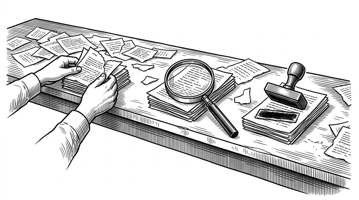 A long evidence desk on a stark white background, with torn prompt pages sorted into separate trays while one cluster sits under a magnifying glass and another receives a heavy stamp. The scene explains LeakHub's core job: it treats leaked prompts like evidence that must be sorted, compared, and verified before it becomes part of the record.