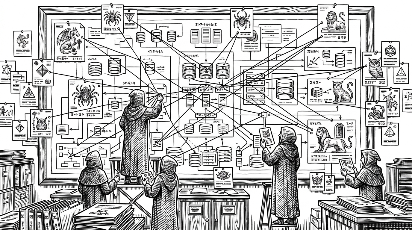A vast archival hall with a wall-sized map divided into regions, surrounded by creature dossiers pinned like field notes. It explains that the repository turns AI risk into a spatial system instead of a flat list.