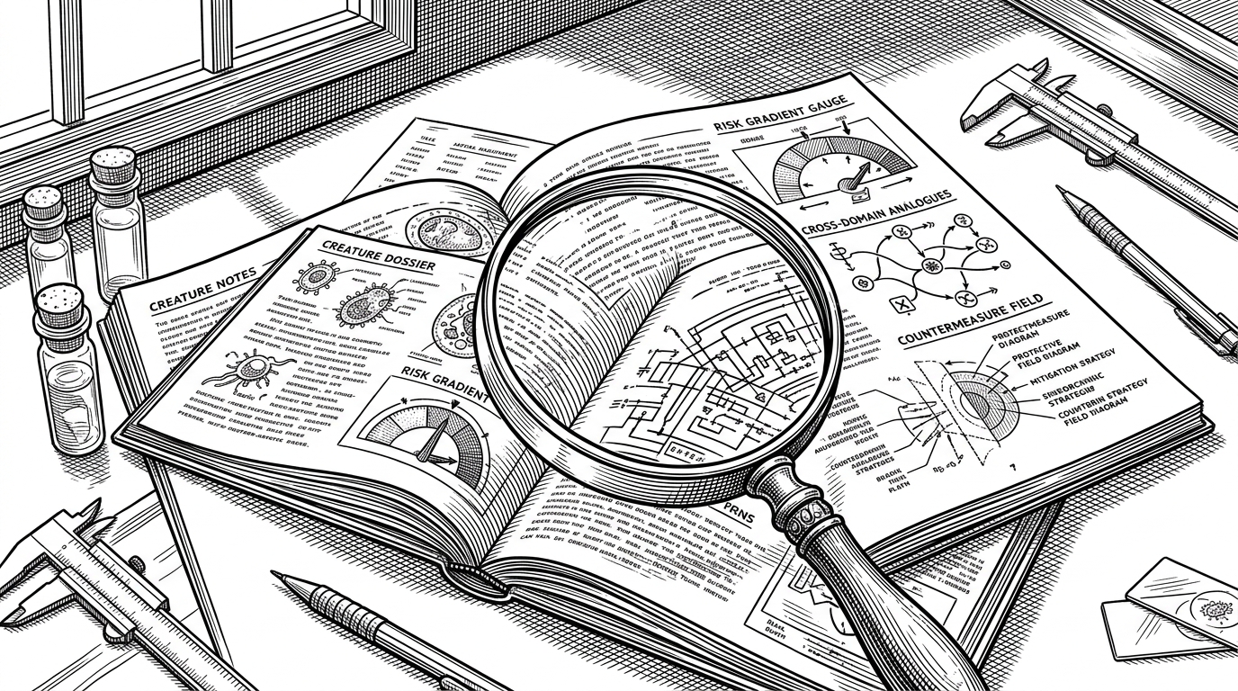 A close-up specimen desk with one creature dossier opened under a magnifying lens, showing risk scores, analogues, and a countermeasure panel. It explains how the repo stays technical even while using mythic framing.