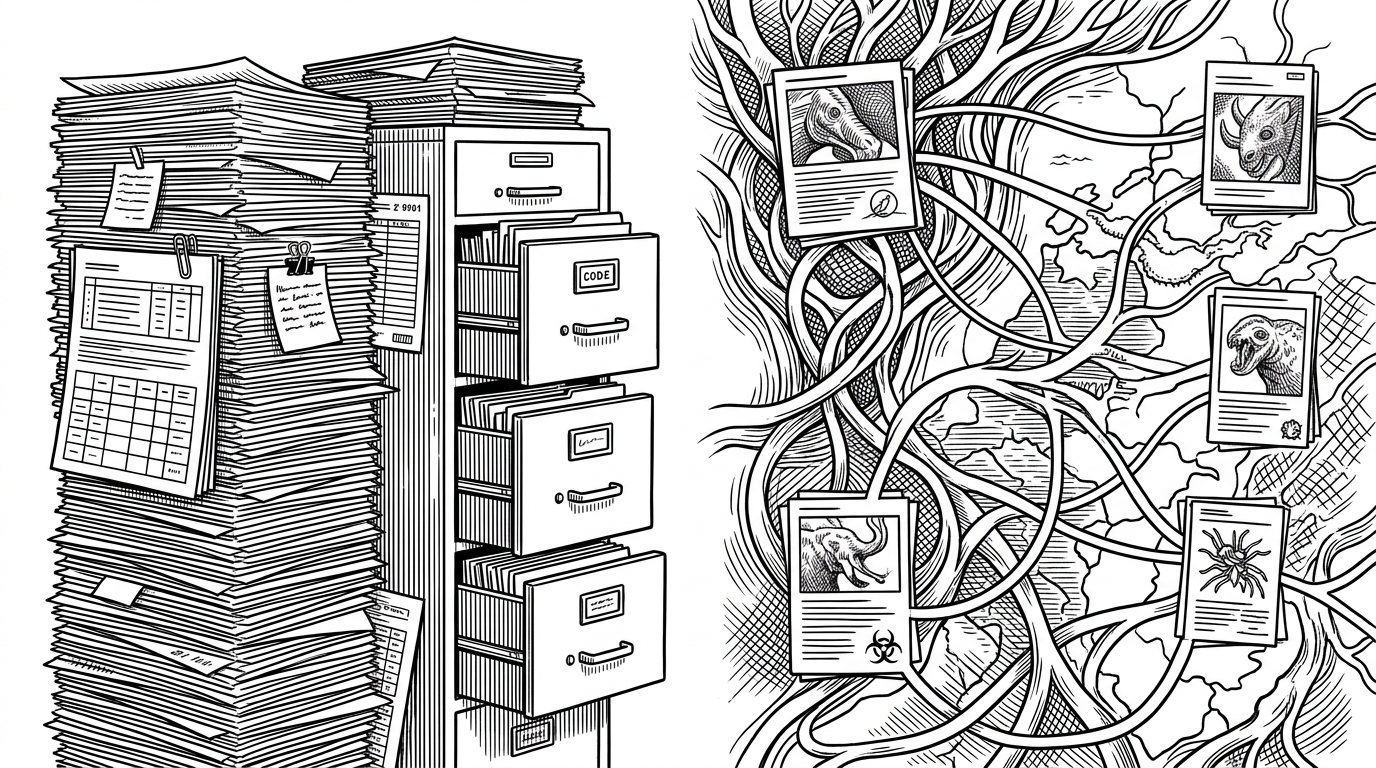 A split visual contrast between stacked safety documents on one side and an interconnected map of creature dossiers on the other. It explains why the repository is easier to navigate than a conventional archive of research notes.