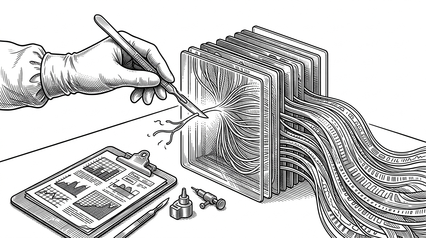A translucent transformer model sits on a laboratory bench while a surgical tool removes one bright filament from its interior and leaves the rest of the structure intact. The scene explains the repo’s core claim: refusal is treated like a removable internal direction, not a prompt trick.