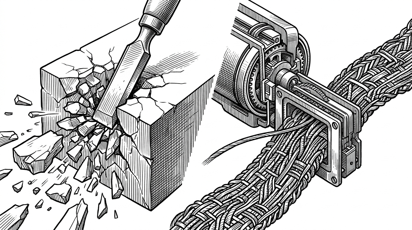 A split close-up shows one side of a blunt chisel smashing a block and the other side of a precise filter removing only one band from a woven signal. The image explains why projection-based editing is less destructive than crude ablation.