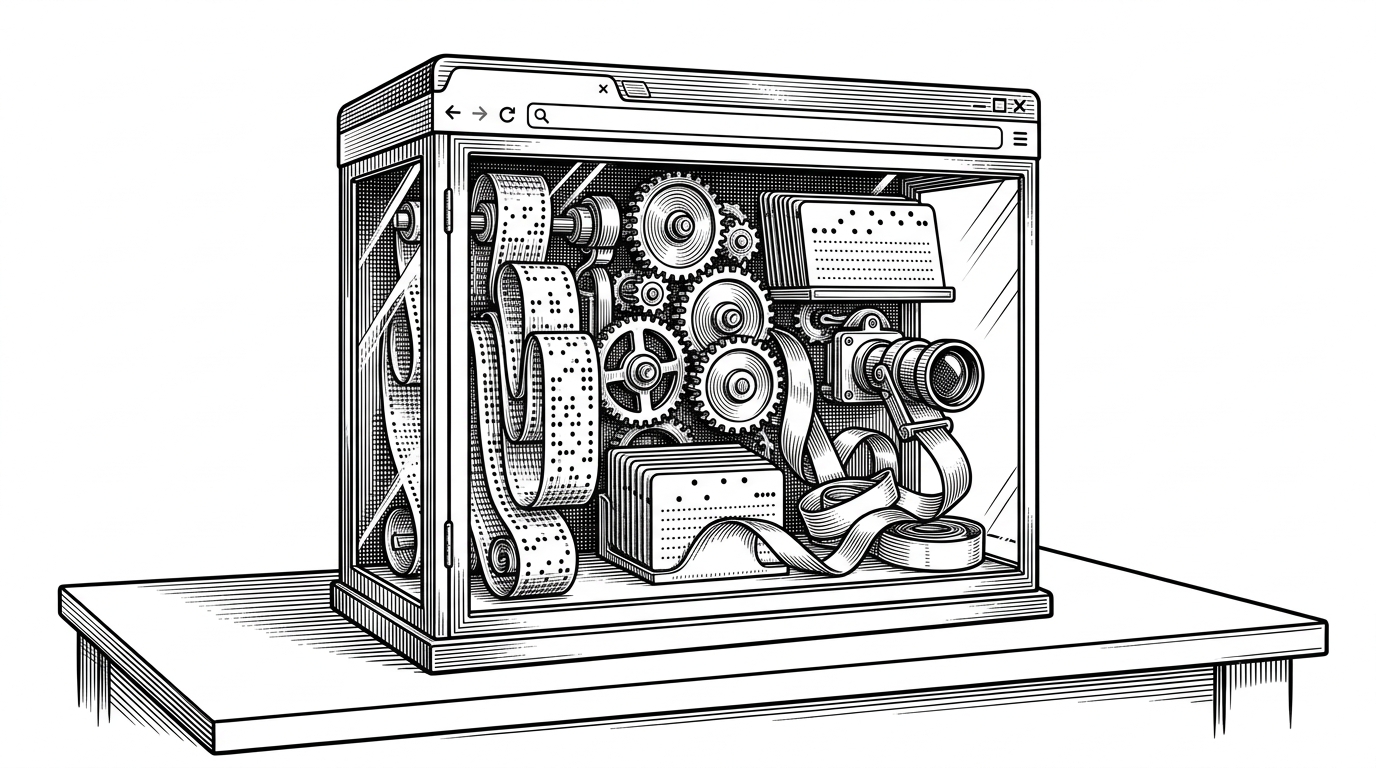 A browser window sits on a blank desk like a sealed laboratory cabinet. All of the tools live inside the frame, with no pipes, servers, or external machinery escaping the glass rectangle. The image explains why a static browser app can still host a serious transformation engine.