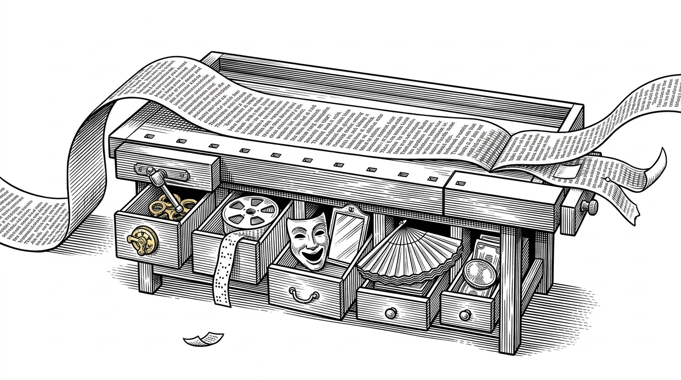 A ribbon of text moves through a cabinet of mechanical drawers and emerges in altered forms. The scene explains how one browser app can transform the same message into ciphers, encodings, and hidden payloads without losing the thread back to the original string.