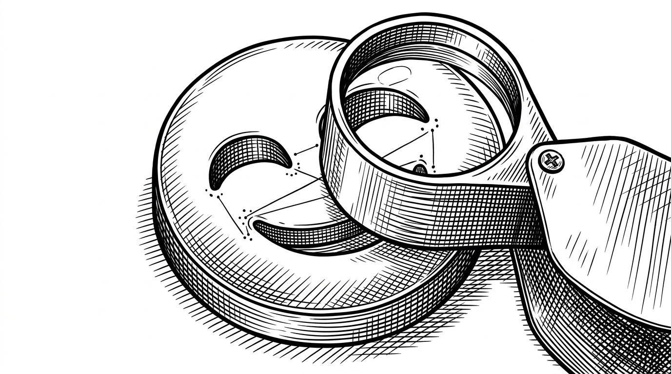 A close-up of a single glyph under a jeweler's loupe, with invisible threadlike marks embedded between its curves. The image explains how Unicode steganography can carry hidden payloads inside text that still looks ordinary at first glance.