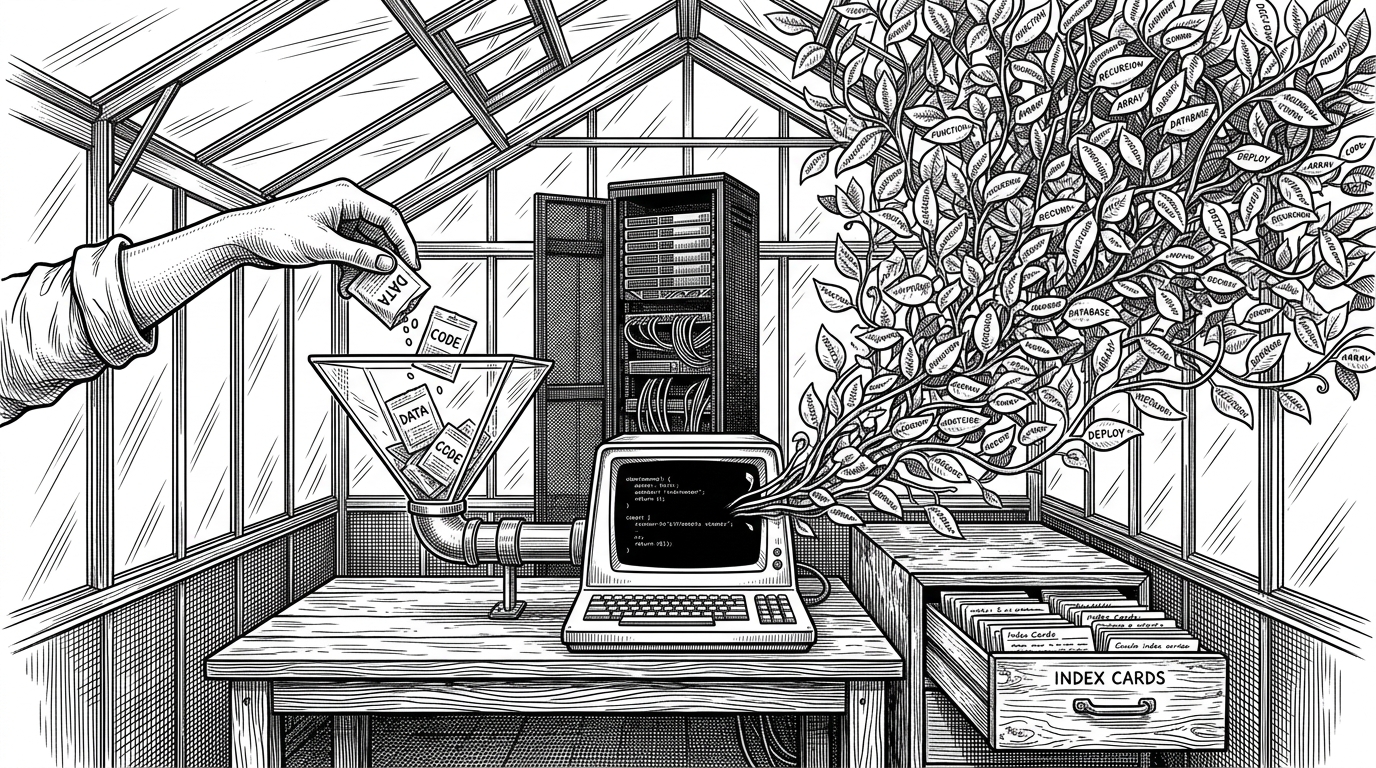 A wide editorial scene shows a greenhouse built around a solitary terminal. On one side, small seed packets fall into a glass hopper, and on the other side the same seed forms rise into a dense canopy overhead. The image explains how the project turns a simple submission into something that feels planted, persistent, and alive.