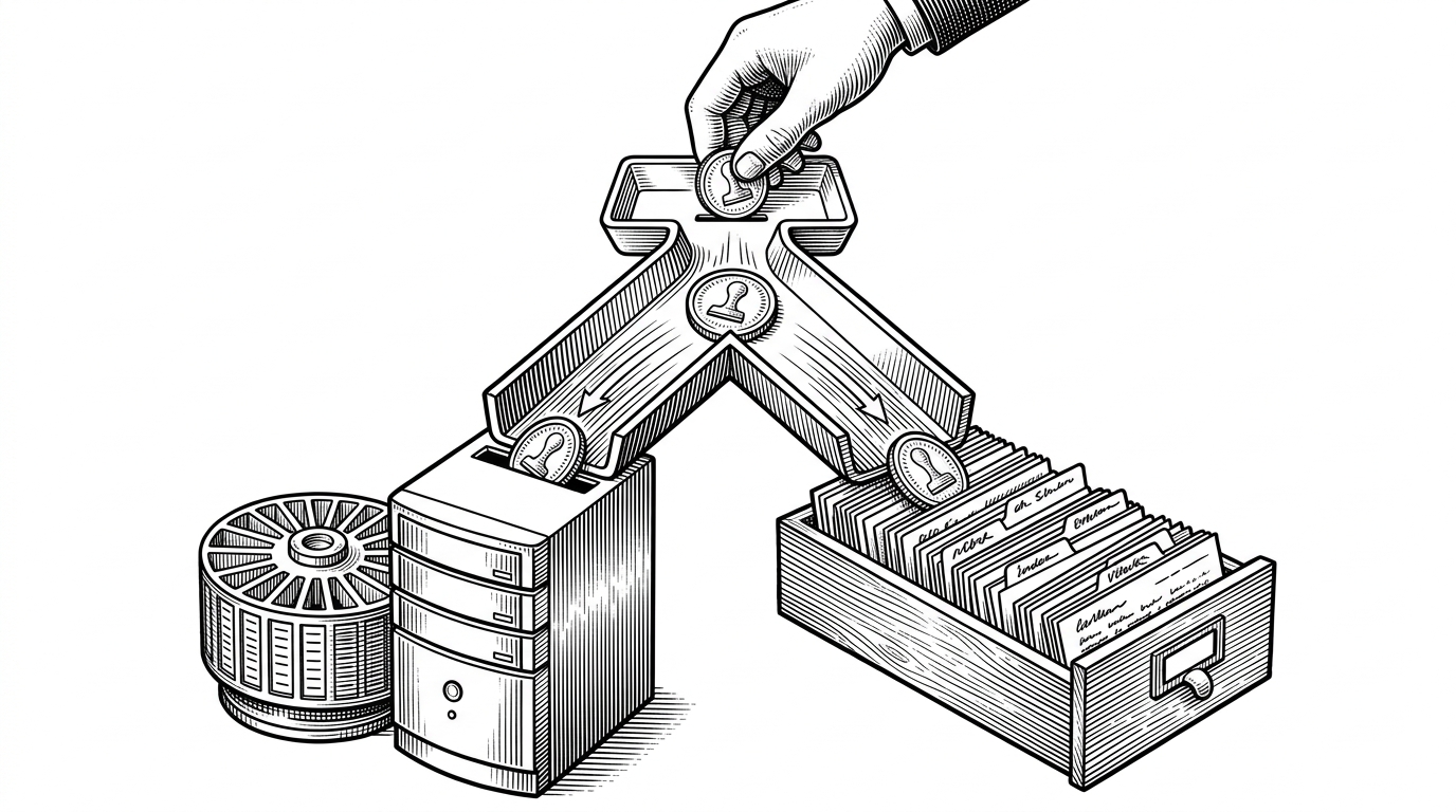 A close-up editorial scene shows one stamped token splitting into two channels. One channel pours into a polished server tower, and the other slides into a shallow wooden drawer packed with cards. The image explains that the same user action can travel through cloud or local storage and still end in the same archive.
