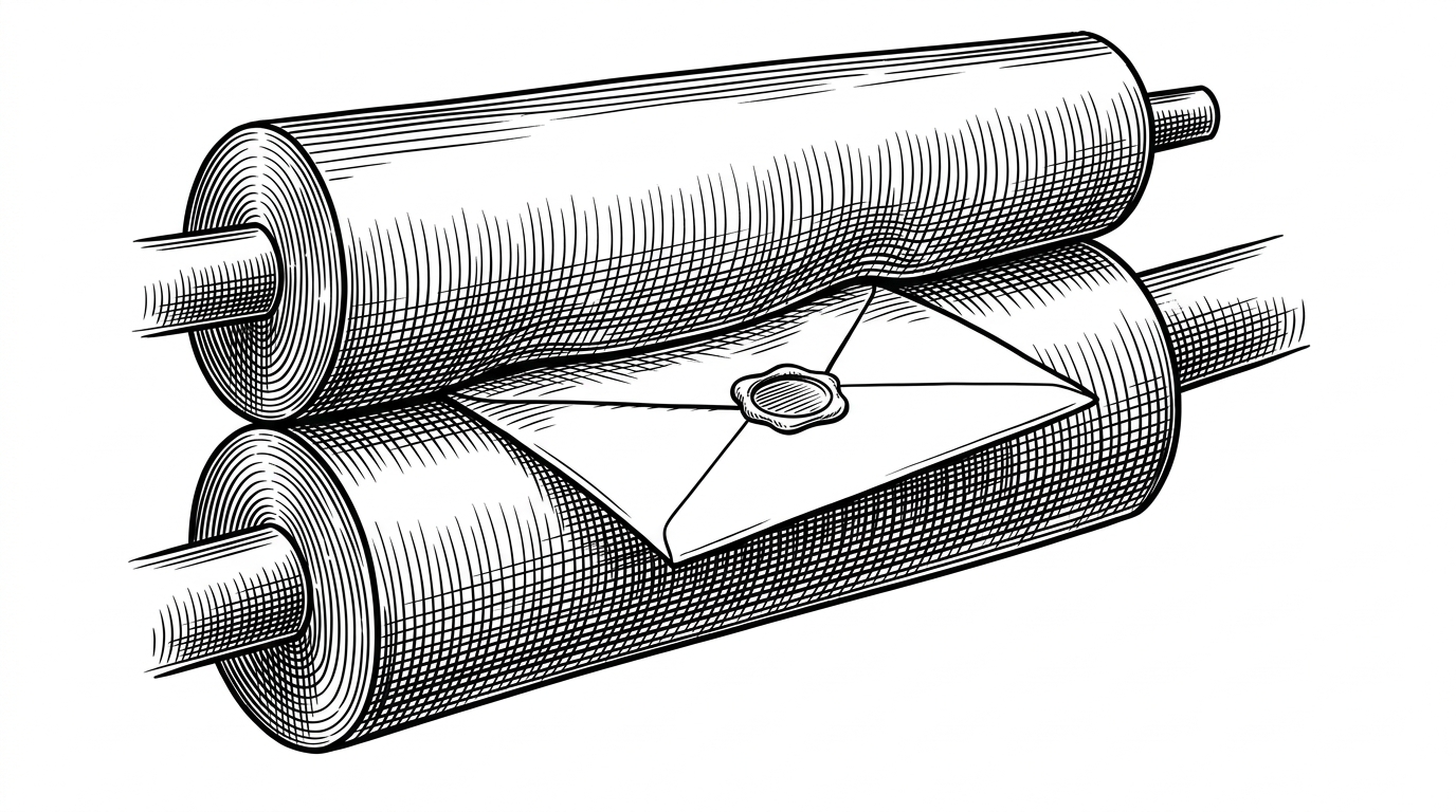 A wide shot of a pristine, sealed wax envelope safely passing through the massive, crushing steel rollers of a heavy industrial printing press, with the rollers warped around the envelope leaving it untouched.