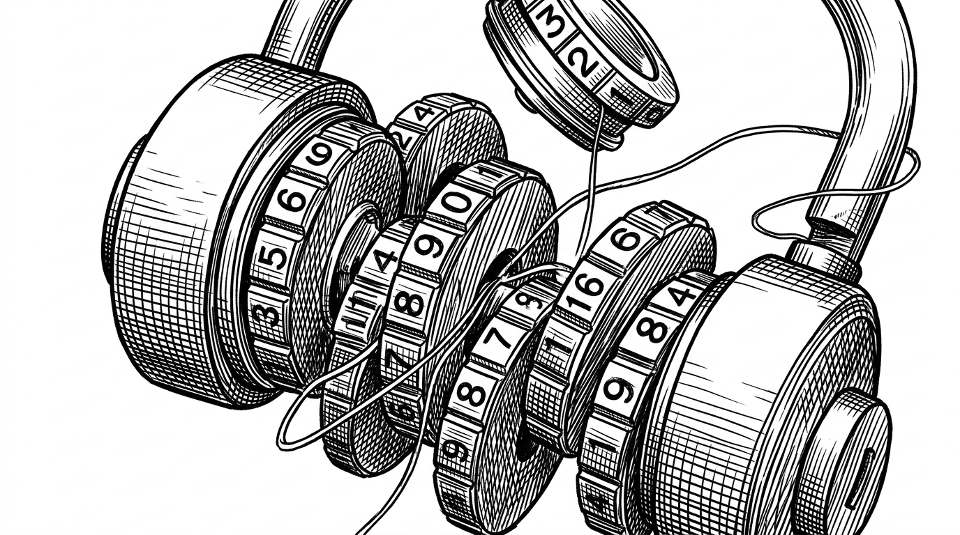 A close-up of a complex mechanical combination lock where the numbered dials are floating in disconnected, random spatial orientations rather than aligned on a single cylinder, with a single taut thread weaving erratically through them.