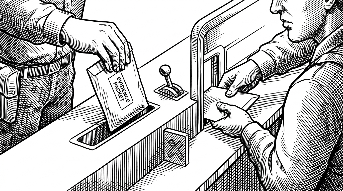 A close-up handoff between two operators at a narrow gate. One side deposits an evidence packet into a queue, while the other side receives it only after a lever is approved. A blocked side path shows how dangerous actions are paused until the system permits them.
