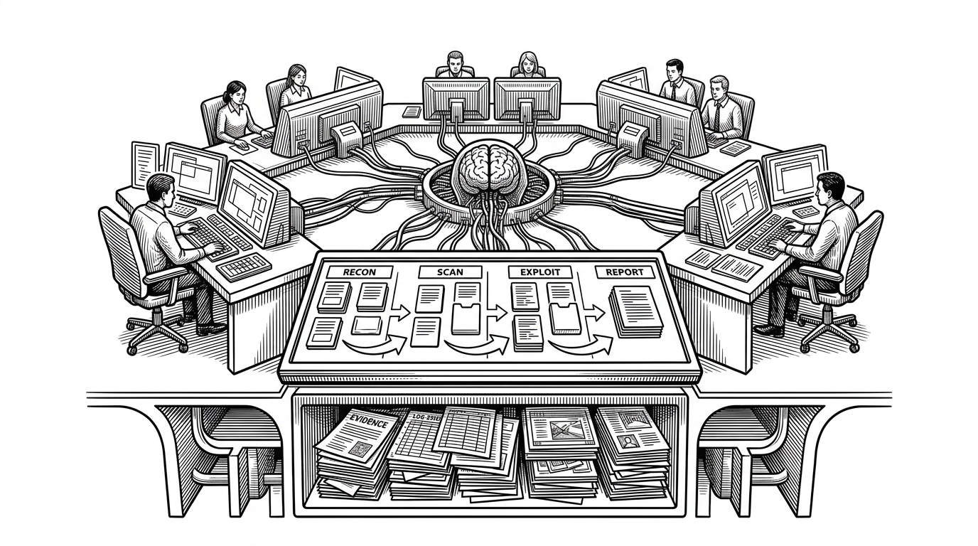 A wide control room with a central brain socket feeding multiple operator stations, while a mission board tracks recon, scan, exploit, and report. Beneath the desk, a sealed evidence vault stores logs, screenshots, and paper trails, showing that the system values proof as much as autonomy.