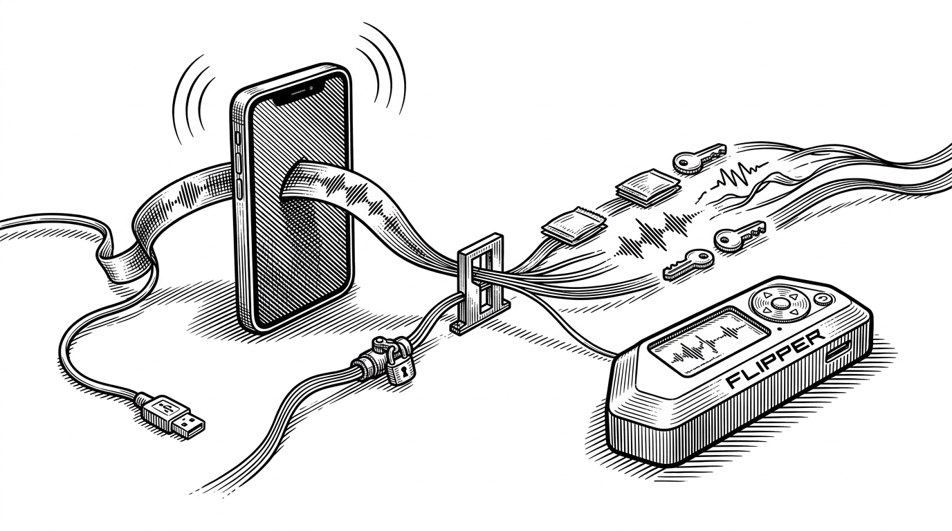A phone, a Flipper Zero, and a chain of signal-like threads are arranged like a control room on a desk. The scene explains how V3SP3R translates ordinary language into hardware actions instead of forcing the user to navigate device menus.