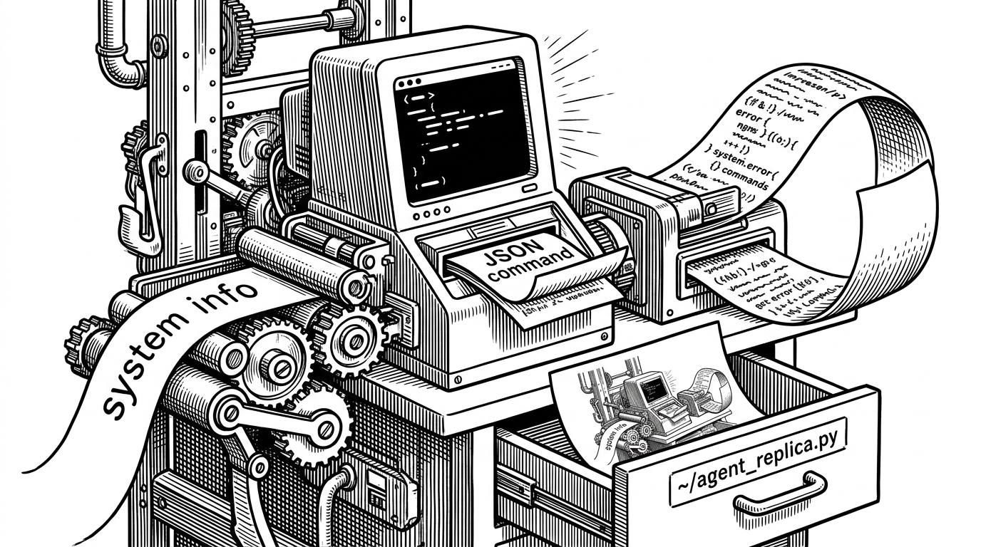 A stark workshop machine built around a terminal window, with paper strips moving in and out of a loop. One strip carries system information, another carries a JSON command, and the output returns as a long feedback ribbon. It explains how the repo turns the shell into part of the agent's reasoning cycle.
