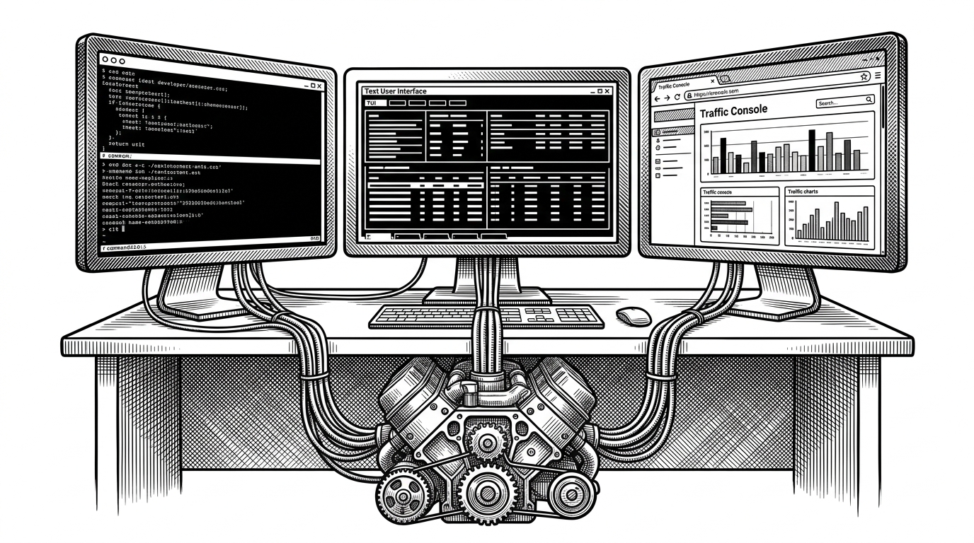 A developer desk split into three control surfaces, each feeding the same central proxy engine. One side shows a terminal, another a live TUI board, and the third a browser-based console, all connected to a shared core. The image explains Proxelar’s main idea: interface choice is flexible, but the runtime underneath is the same.