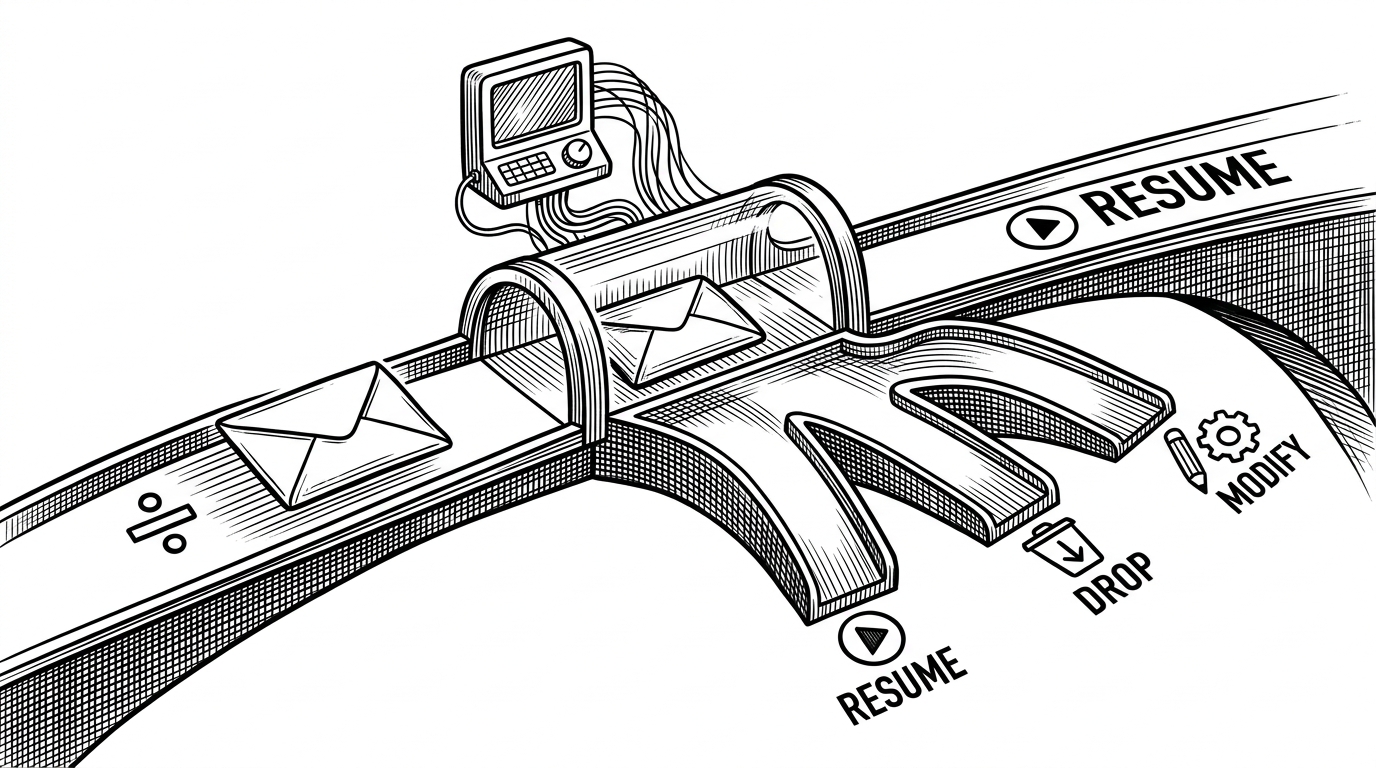 A request pauses in a holding chamber after matching a rule, then branches into three possible exits: resume, drop, or modify. The scene shows interception as a control loop rather than a passive log view. It explains how Proxelar turns a network pause into an operator decision.
