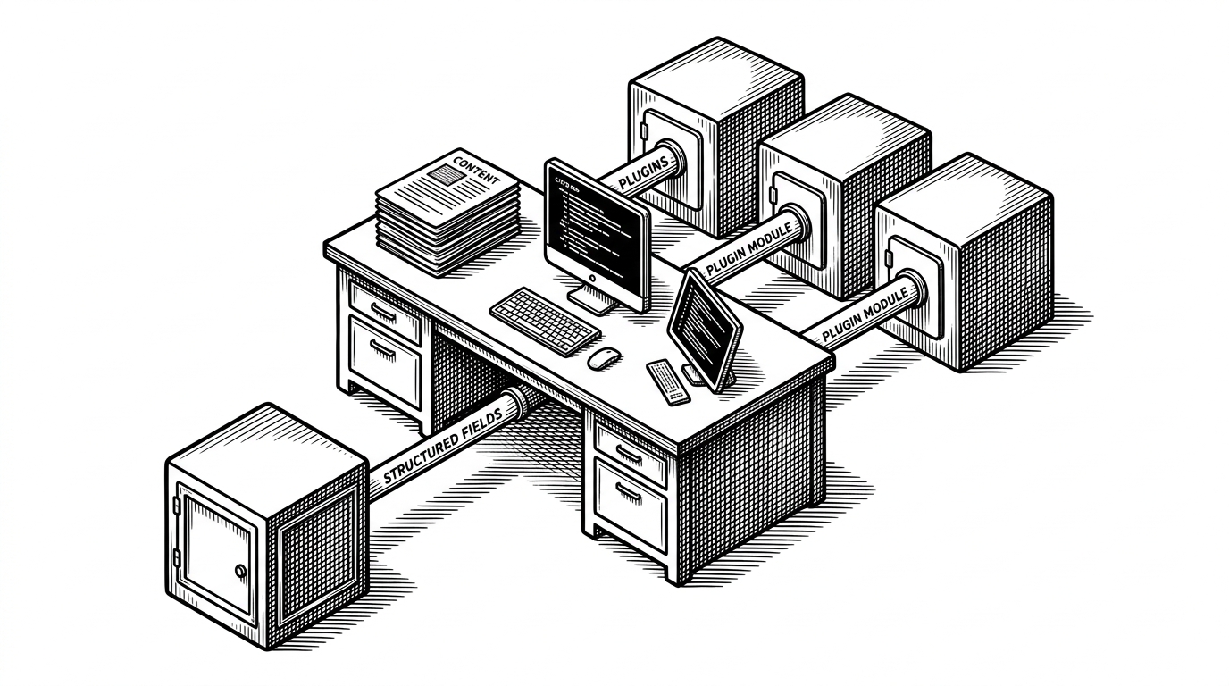 A central CMS control desk routes plugin modules into separate sealed worker chambers while structured content cards move toward a database vault. The scene explains that EmDash separates extension execution from the core CMS, so plugin power is bounded instead of ambient.
