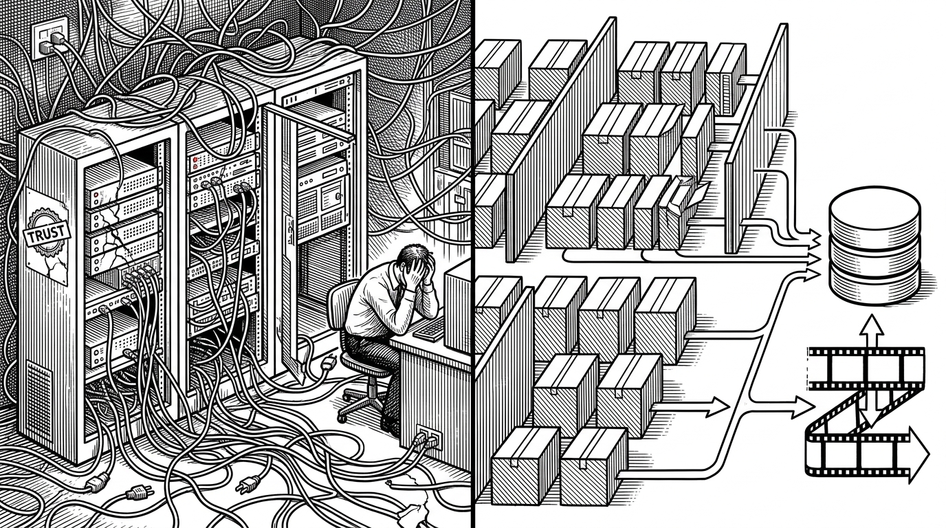 A split editorial scene compares two CMS worlds. On the left, a crowded server room has tangled plugin cables, a cracked trust seal, and an exhausted operator guarding everything at once. On the right, separated worker boxes and clean data lanes show a bounded system where each extension touches only what it is allowed to touch.
