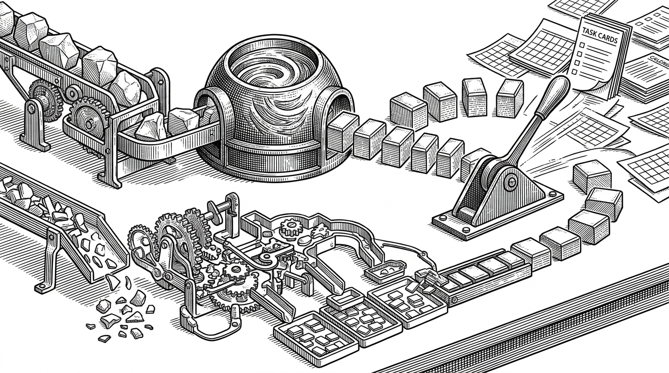 A close-up of two parallel processing lanes on a workbench. One lane is a heavy intent forge, while the other is a compact tagging mechanism, and both feed into a relay that sends results to calendar and task systems. The image explains why the repository splits expensive reasoning from lightweight metadata extraction.