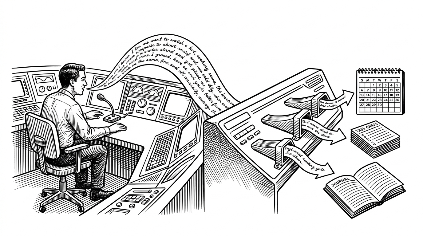 A person speaks into a desk microphone as their words move through a control console and emerge as calendar blocks, task cards, and a journal tile. The scene explains that the product treats voice as the front door to structured work, not as a novelty interface.