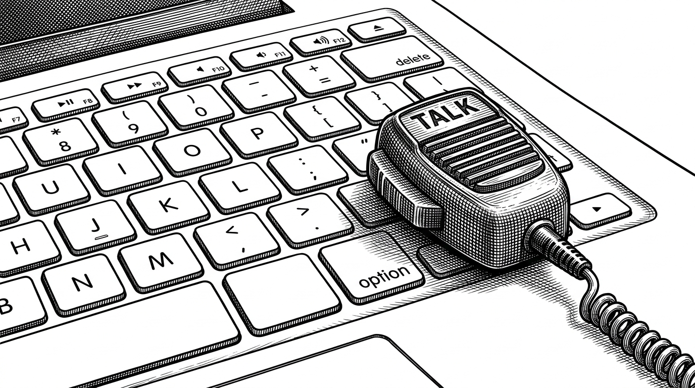 A close-up of a standard Mac laptop keyboard where the Right Option key is replaced by a heavy, mechanical walkie-talkie push-to-talk button.
