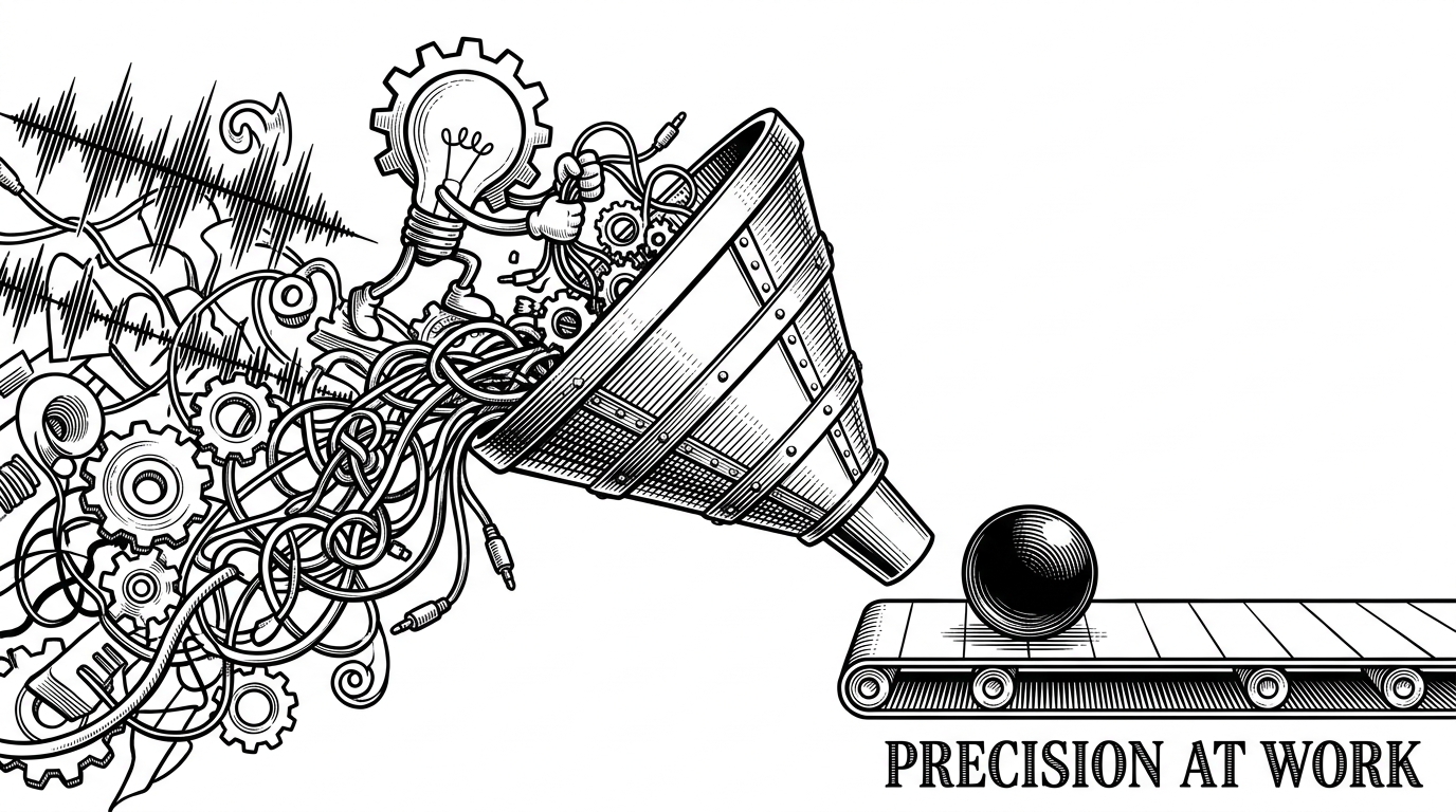 A complex web of tangled audio cables and loose gears being fed into a rigid funnel, outputting a single smooth sphere onto a conveyor belt.