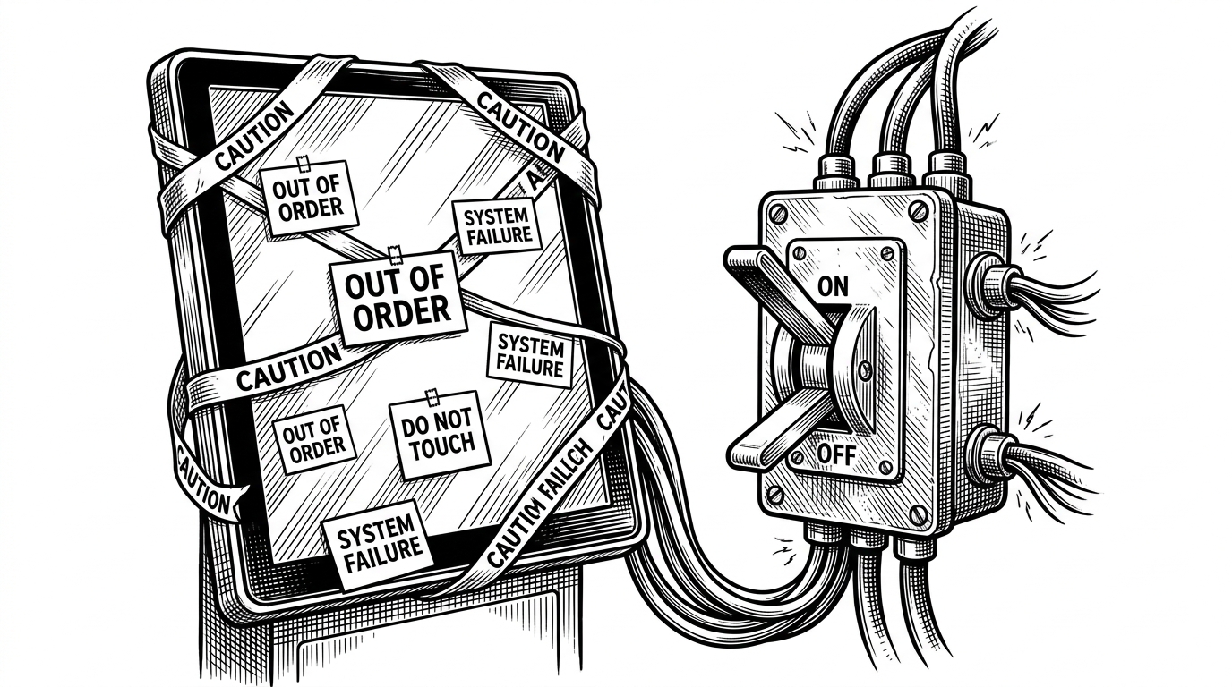 A smooth glass control panel covered in out-of-order signs next to a rugged mechanical switchbox.