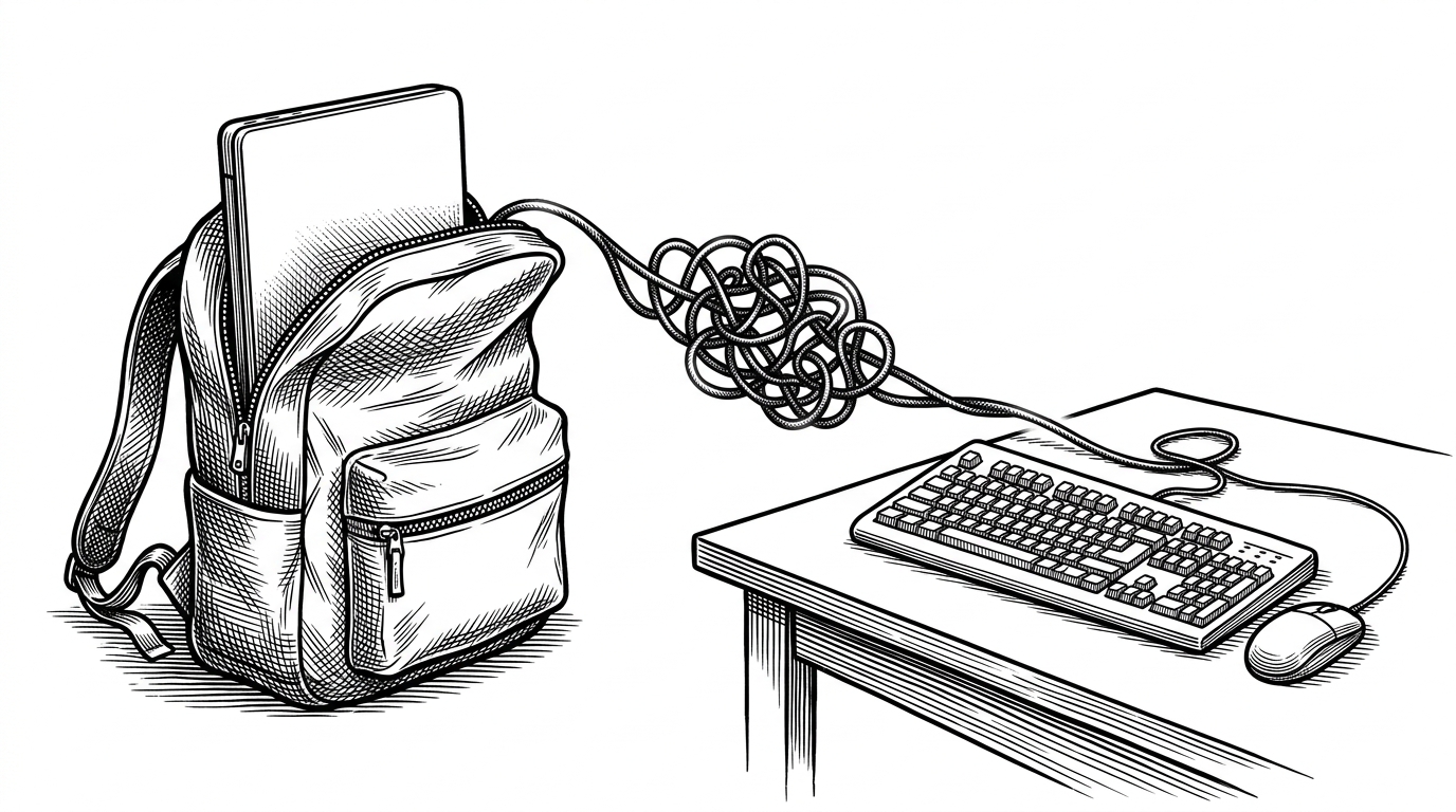 A closed laptop in a backpack with a glowing tether connecting to a desktop keyboard, illustrating the phantom connection problem.