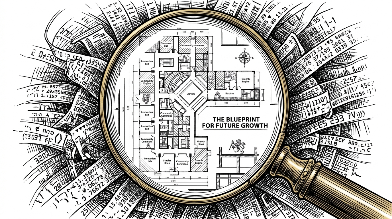 A vintage magnifying glass over messy ticker-tape code. Inside the lens, the code resolves into a clean architectural blueprint, illustrating how better-dx structures raw logs for AI.