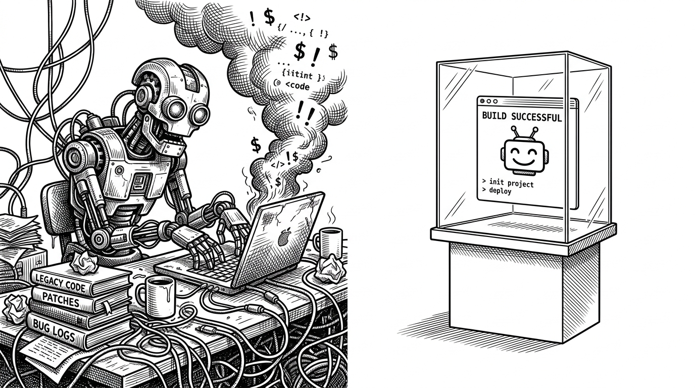 A split composition showing a chaotic desk with a smoking laptop on the left, and a clean glass box with a single floating terminal on the right.