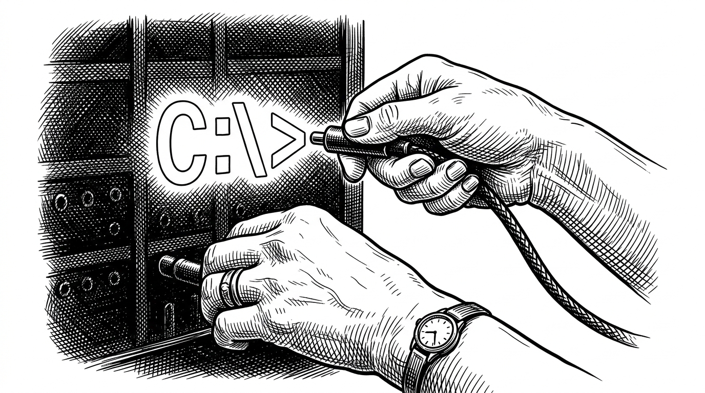 A close-up of a vintage switchboard operator plugging a thick cable directly into a floating command prompt symbol.