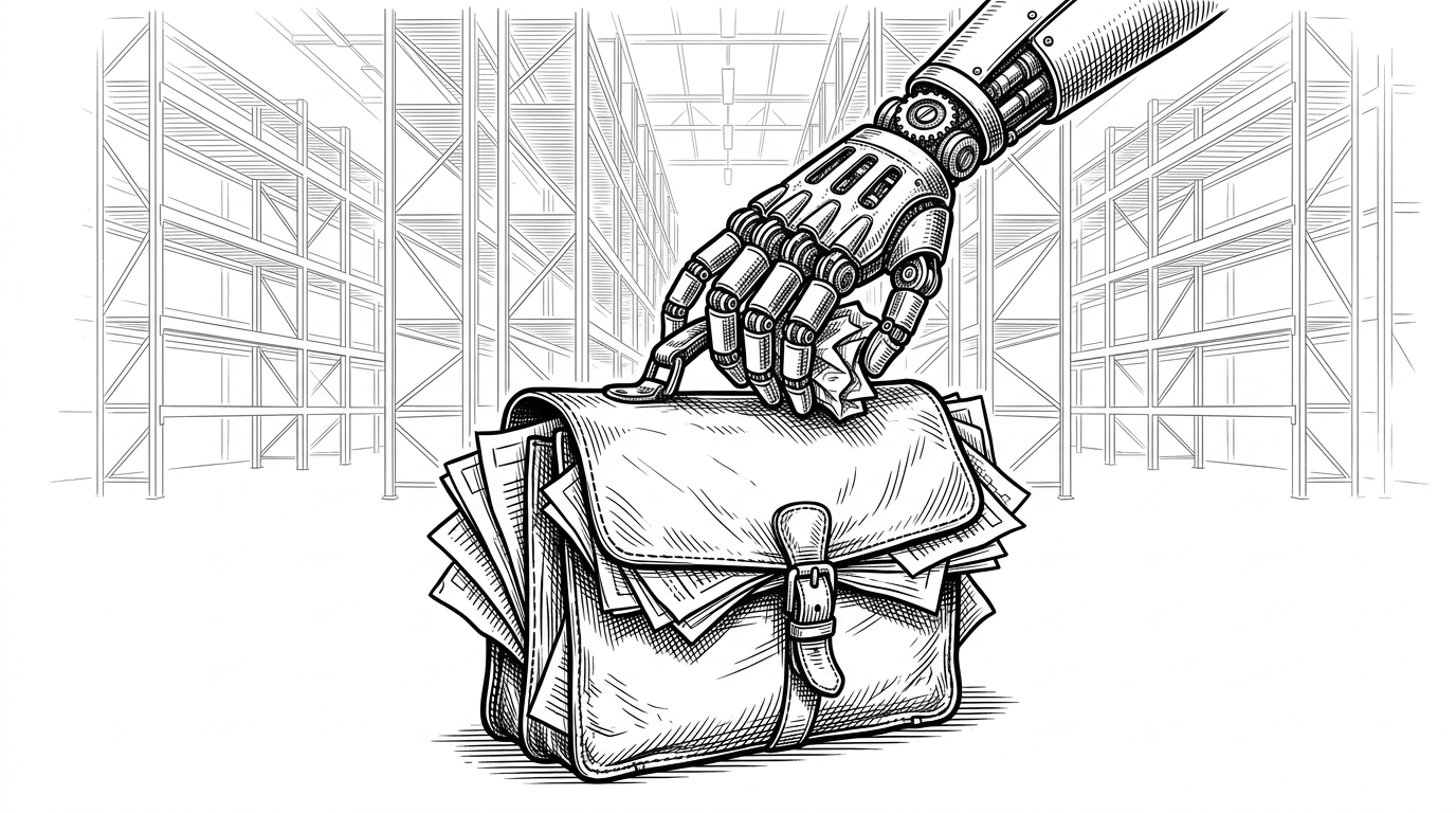 A robotic hand desperately trying to squeeze into a tiny, bursting briefcase, while a massive, empty warehouse waits in the background. This represents the strain of running local AI agents versus the untapped potential of edge compute.