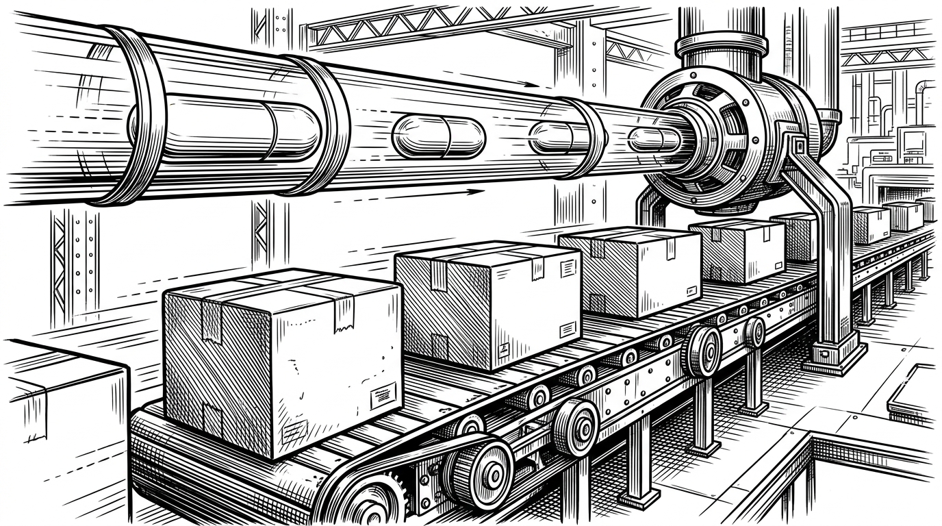 A slow conveyor belt of heavy boxes bypassed by a sleek pneumatic tube shooting capsules directly into a hub.
