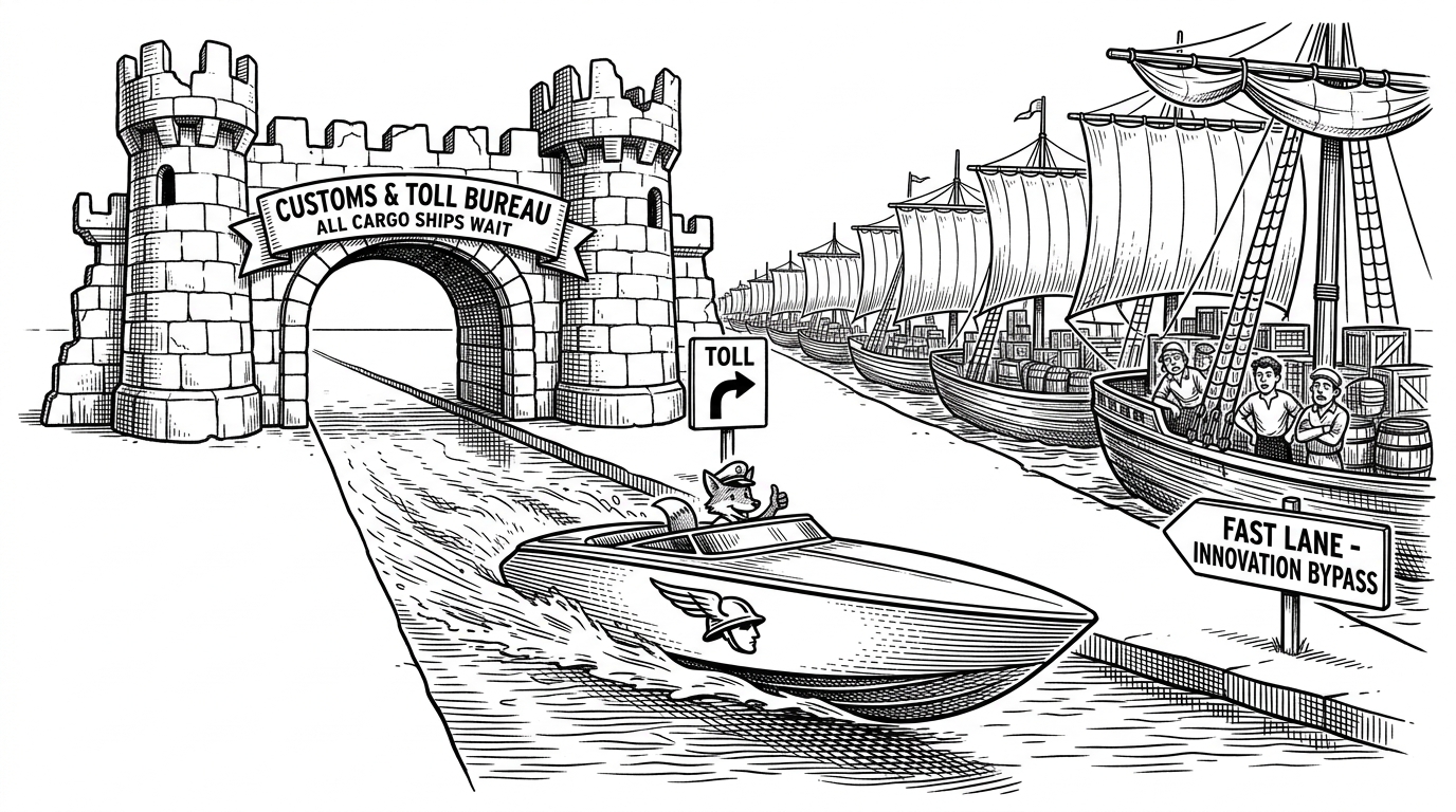 A sleek speedboat navigating a narrow canal past a massive, fortified toll booth.