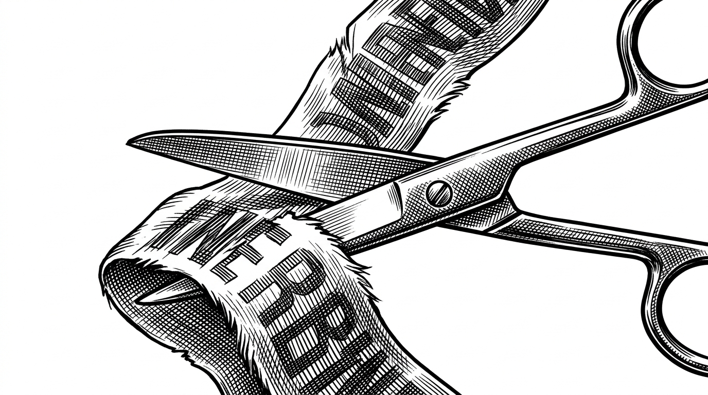 Surgical scissors cutting a warning ribbon.
