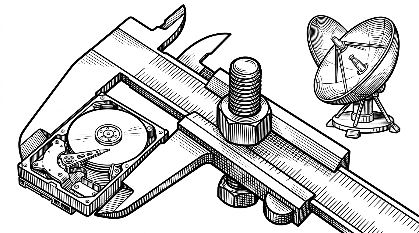 A pair of mechanical calipers measuring the distance between a local hard drive and a distant satellite dish. The calipers are locked tightly in place by a heavy iron bolt. This represents the forced connection attempted by the alchemy orchestrator.