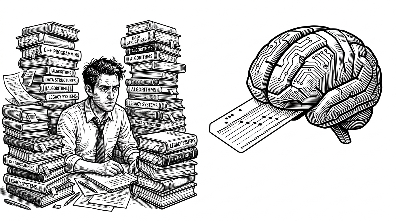 A split composition. On the left, a human developer is surrounded by messy stacks of thick, dog-eared reference manuals. On the right, a sleek robotic brain directly absorbs a single, perfectly formatted punch card. This contrasts traditional human documentation with streamlined, structured LLM context.