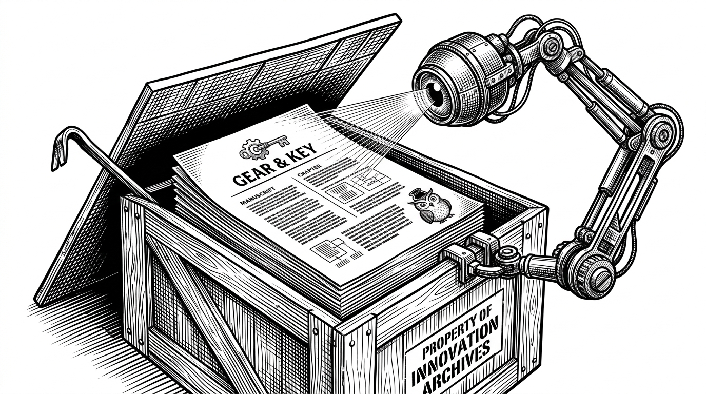 A traditional wooden shipping crate pried open. Instead of gears or mechanical parts inside, it contains a glowing, perfectly structured manuscript being scanned by a mechanical eye on a multi-jointed arm. This represents the shift from installing code packages to installing structured knowledge for AI agents.