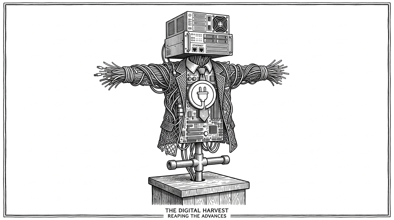 A scarecrow constructed from sleek server chassis and glowing fiber optic cables standing in an empty white room. This illustrates the concept of a high-fidelity architectural prototype.