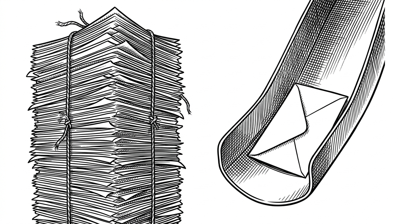 A split composition showing a precarious stack of paper documents bound with frayed string on the left, and a smooth mechanical chute catching a perfectly folded envelope on the right. This illustrates the contrast between heavy configuration and event-driven webhooks.