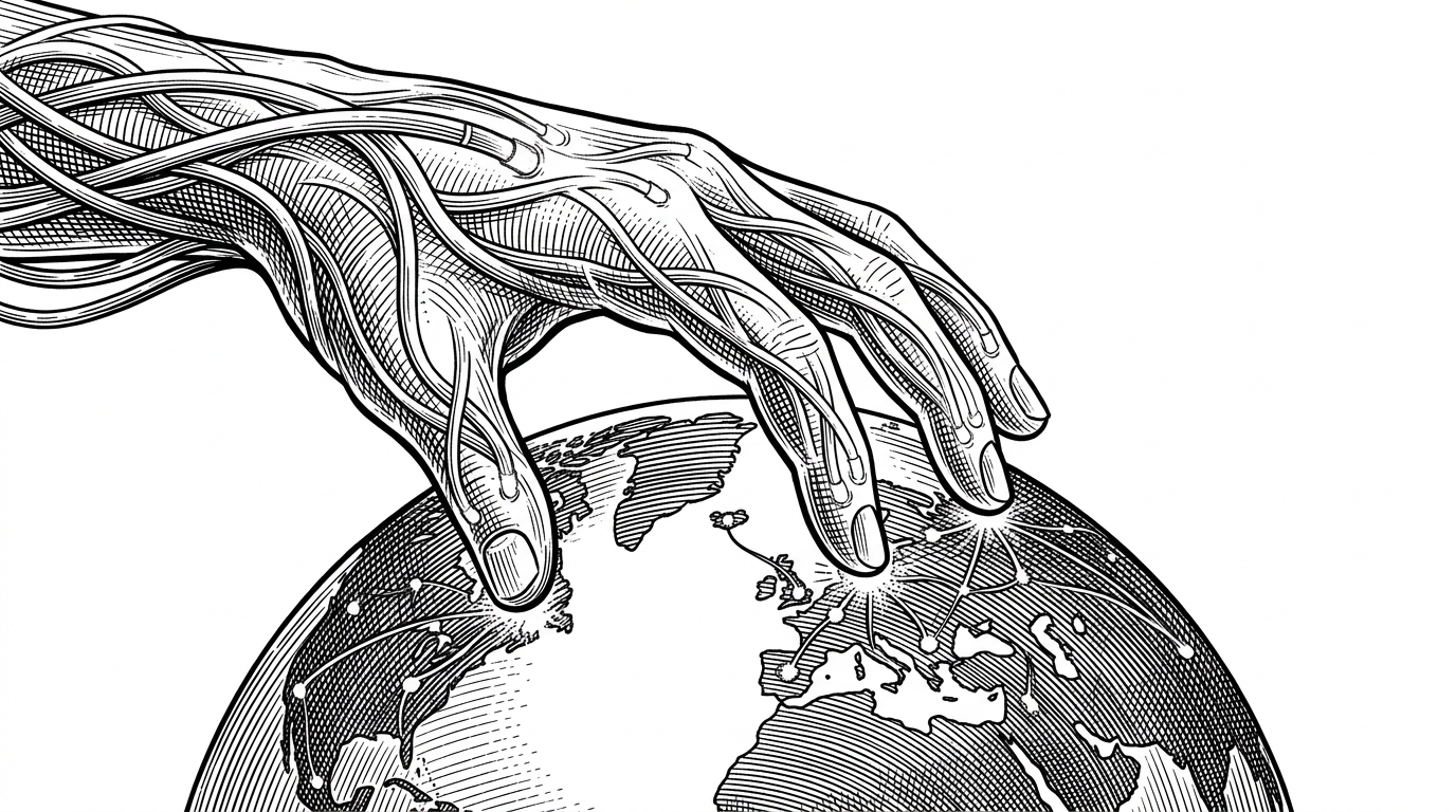 A giant, translucent hand made of fiber-optic cables hovering over a stylized globe. Where the fingers touch the earth, small glowing nodes ignite, representing the global deployment of Cloudflare Workers.